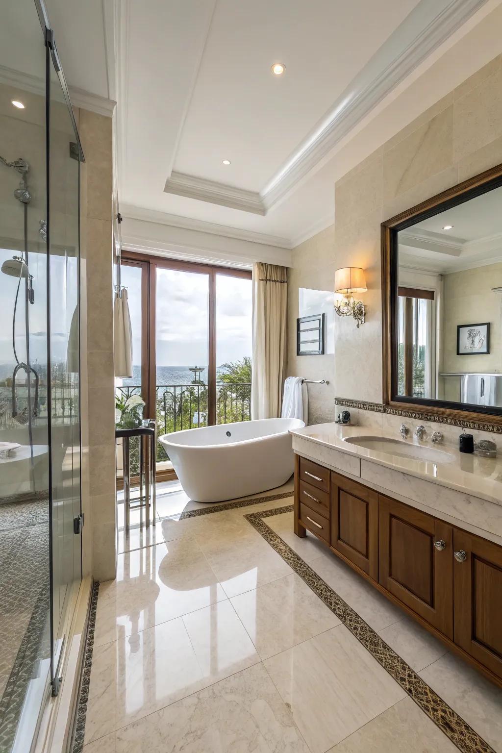 Luster surfaces boosting illumination inside the bathroom.