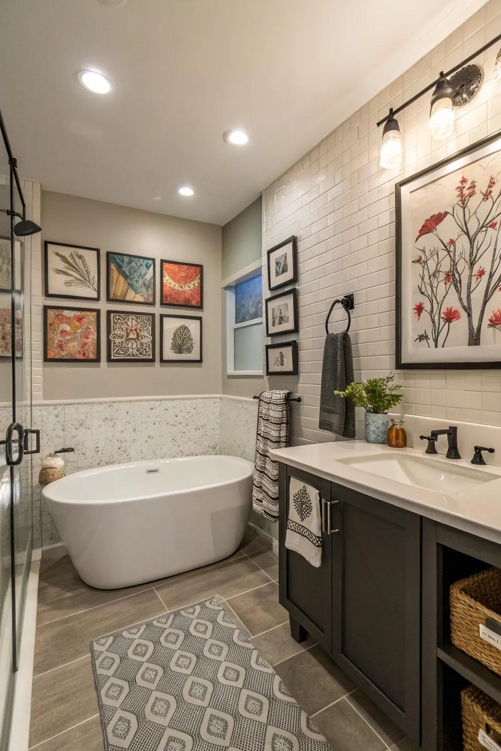 Artistic elements personalizing the bathroom space.
