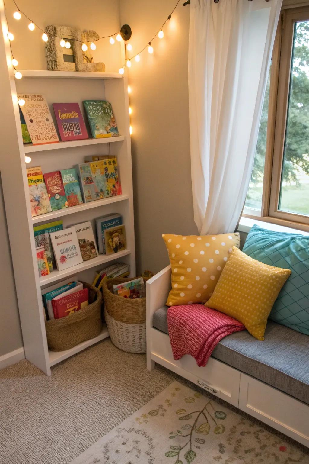 A reading nook beckons peaceful, imaginative times.