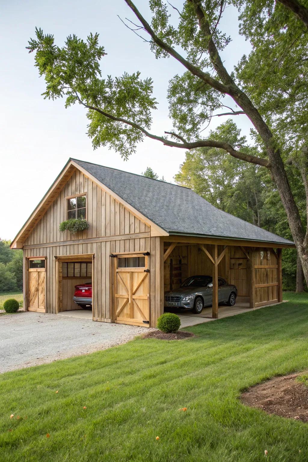 Rural allure presented by a barn-style three-car garage.