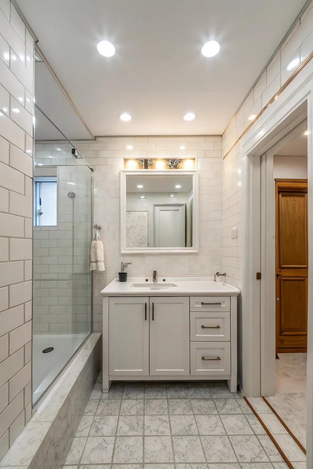 Concealed lighting enhances the mood of a small bathroom.