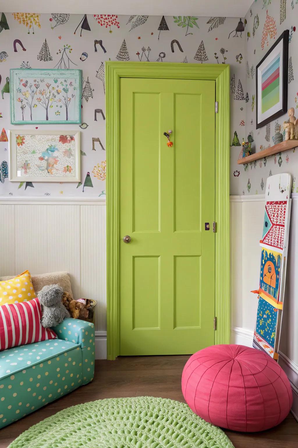 A lime green 6-panel door adds a lively touch to any playful room.