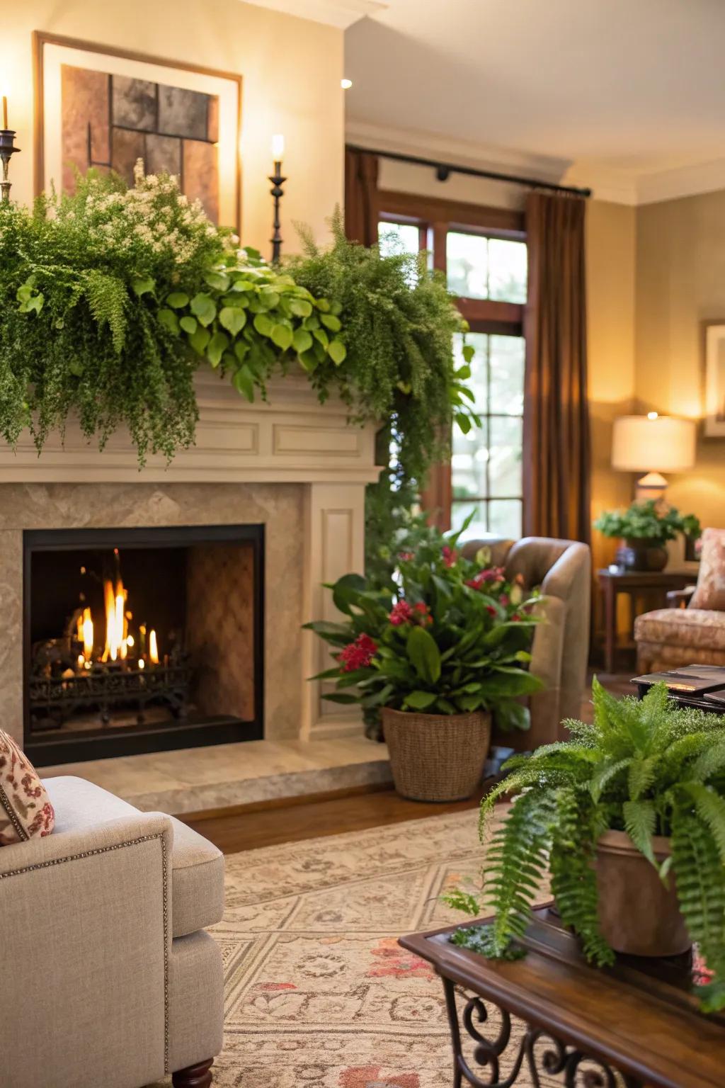 Lush greenery introduces a hint of the outdoors and freshness above the fireplace.