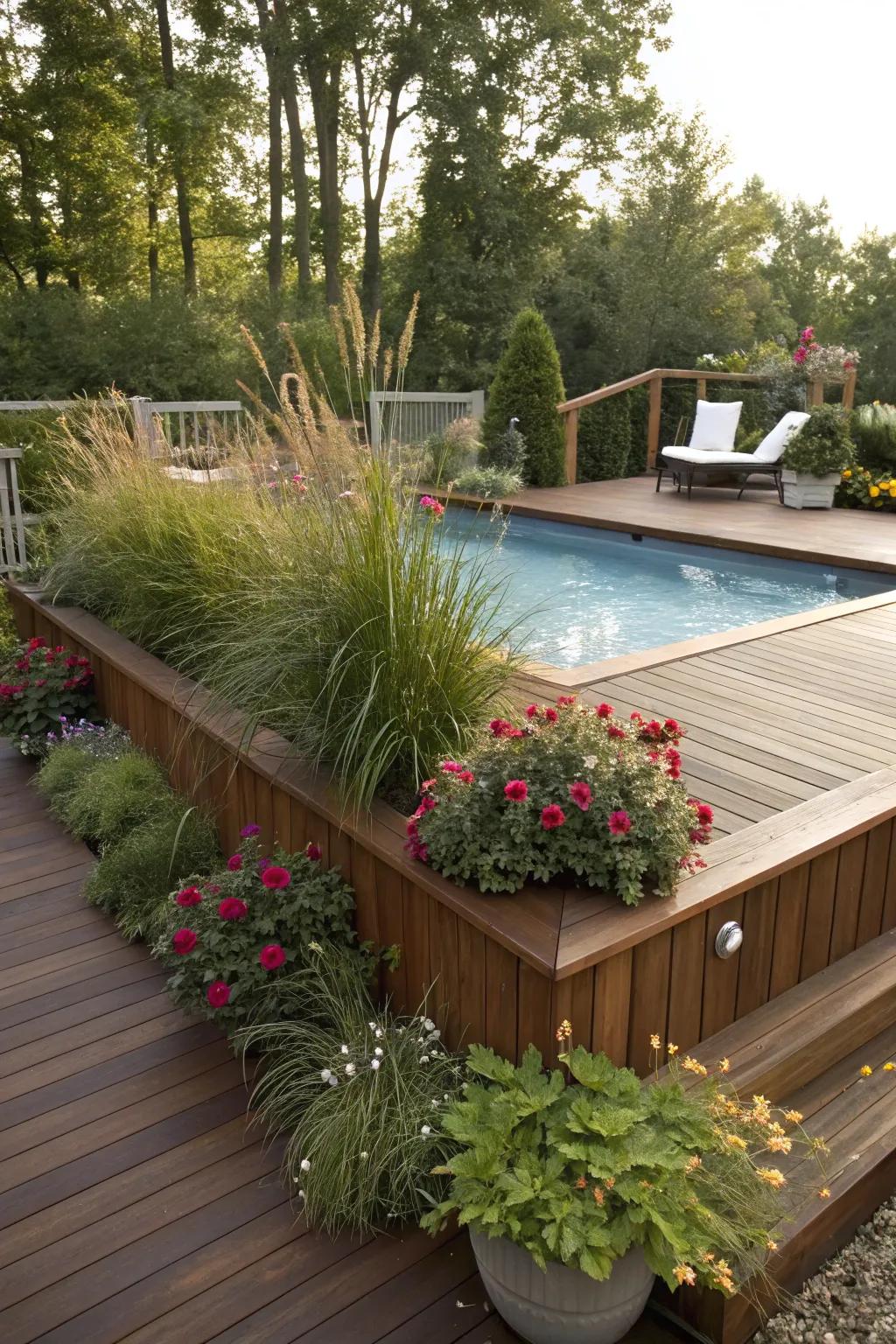 Redesign your above-ground pool deck into a tranquil escape with affordable plant life and artful arrangement.