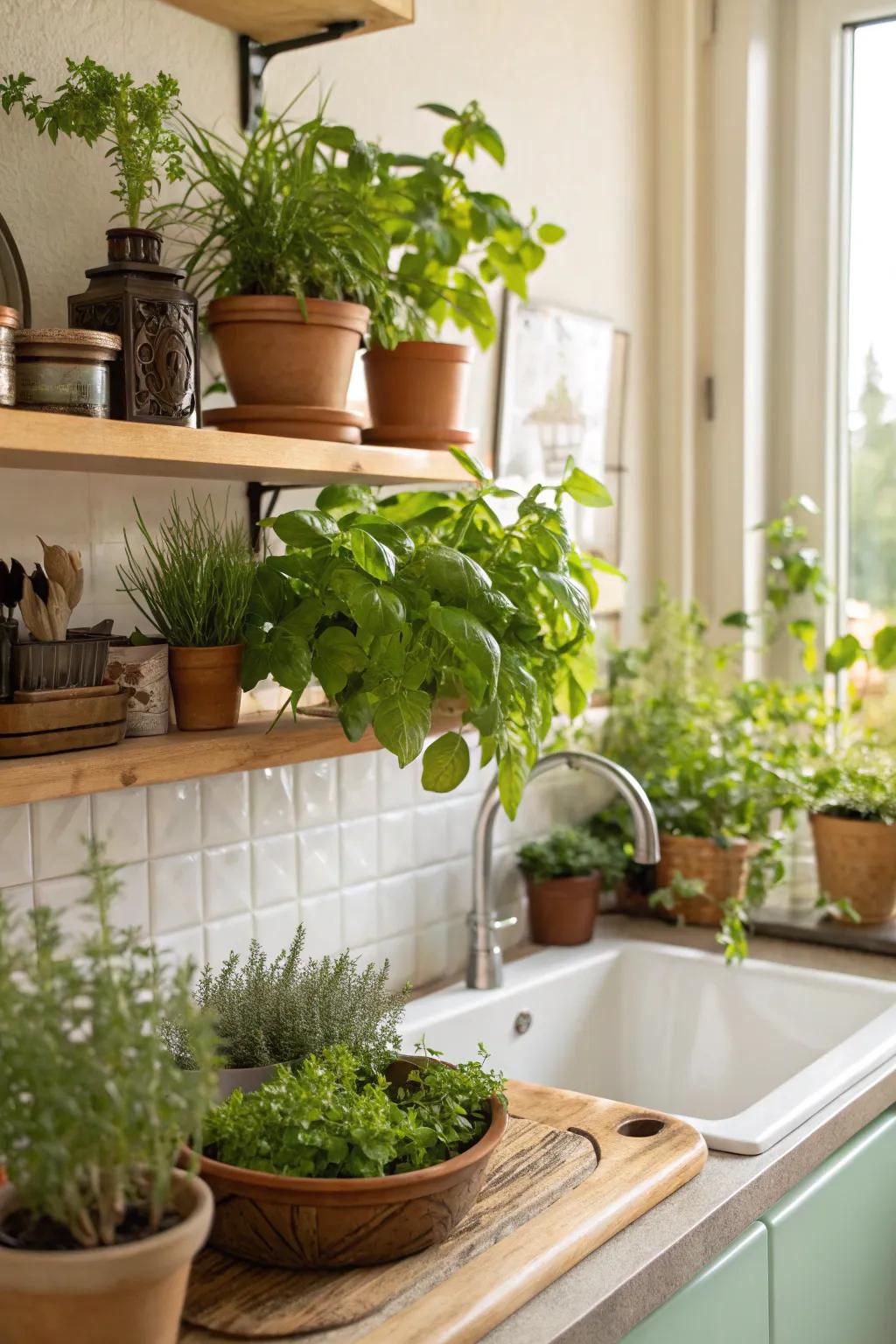 Greenery enlivens kitchen spaces with freshness and vitality.
