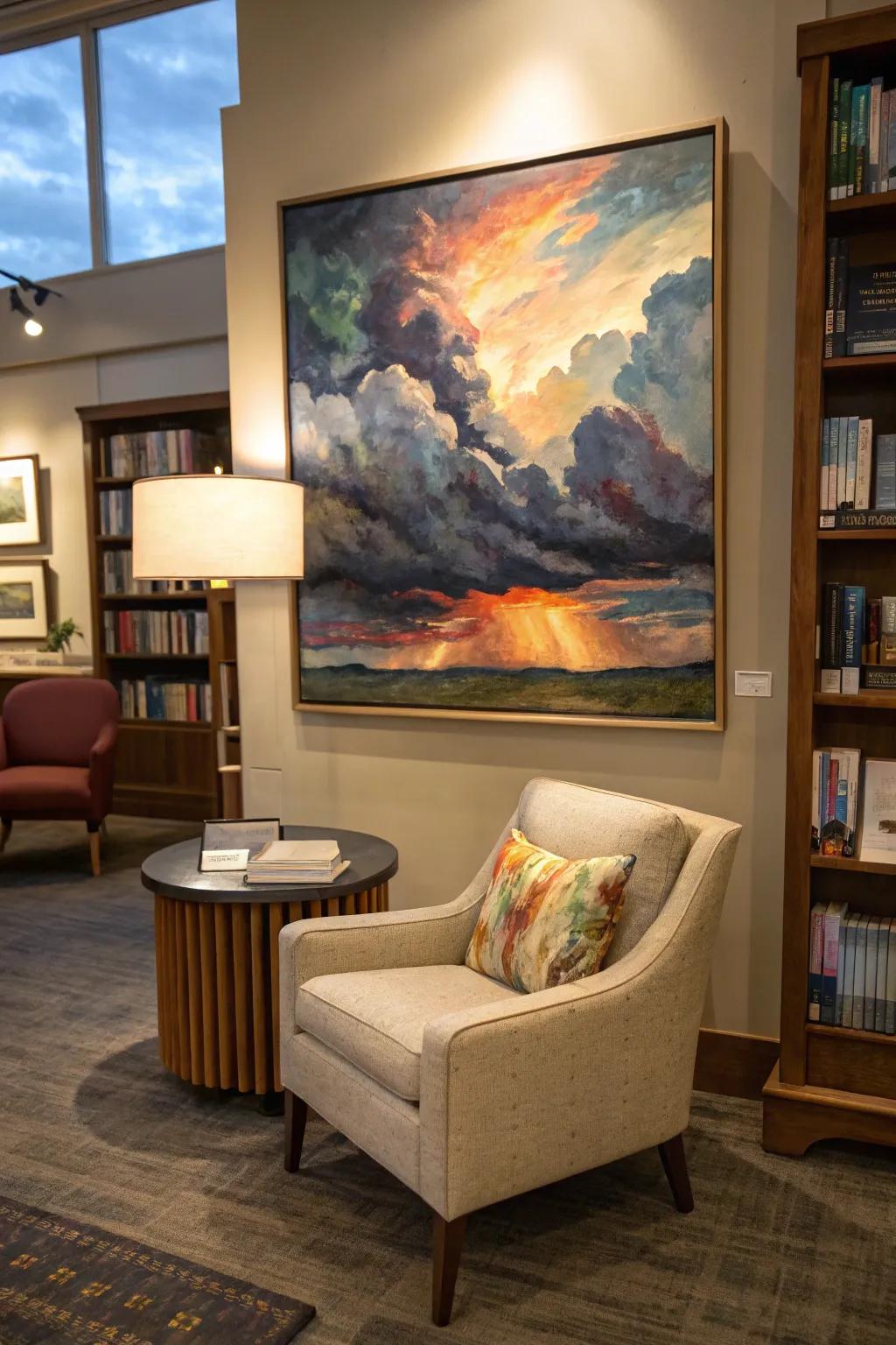 Abstract sky artwork adding a theatrical touch to a comfortable corner