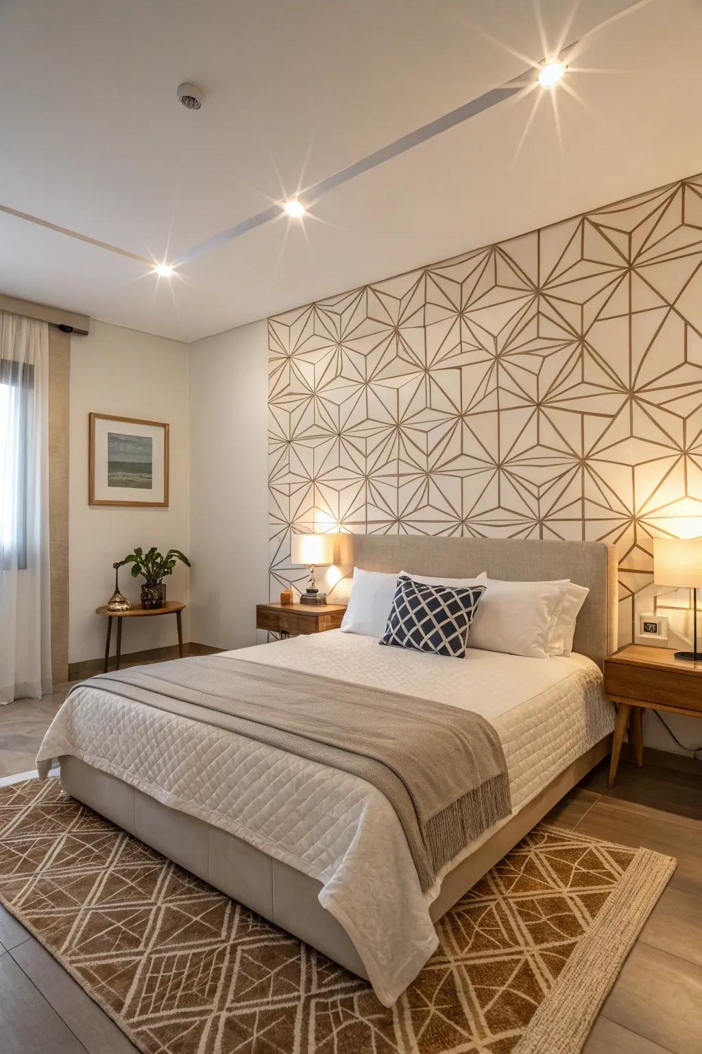 Geometric designs on the accent wall give a modern feel to this simple room.