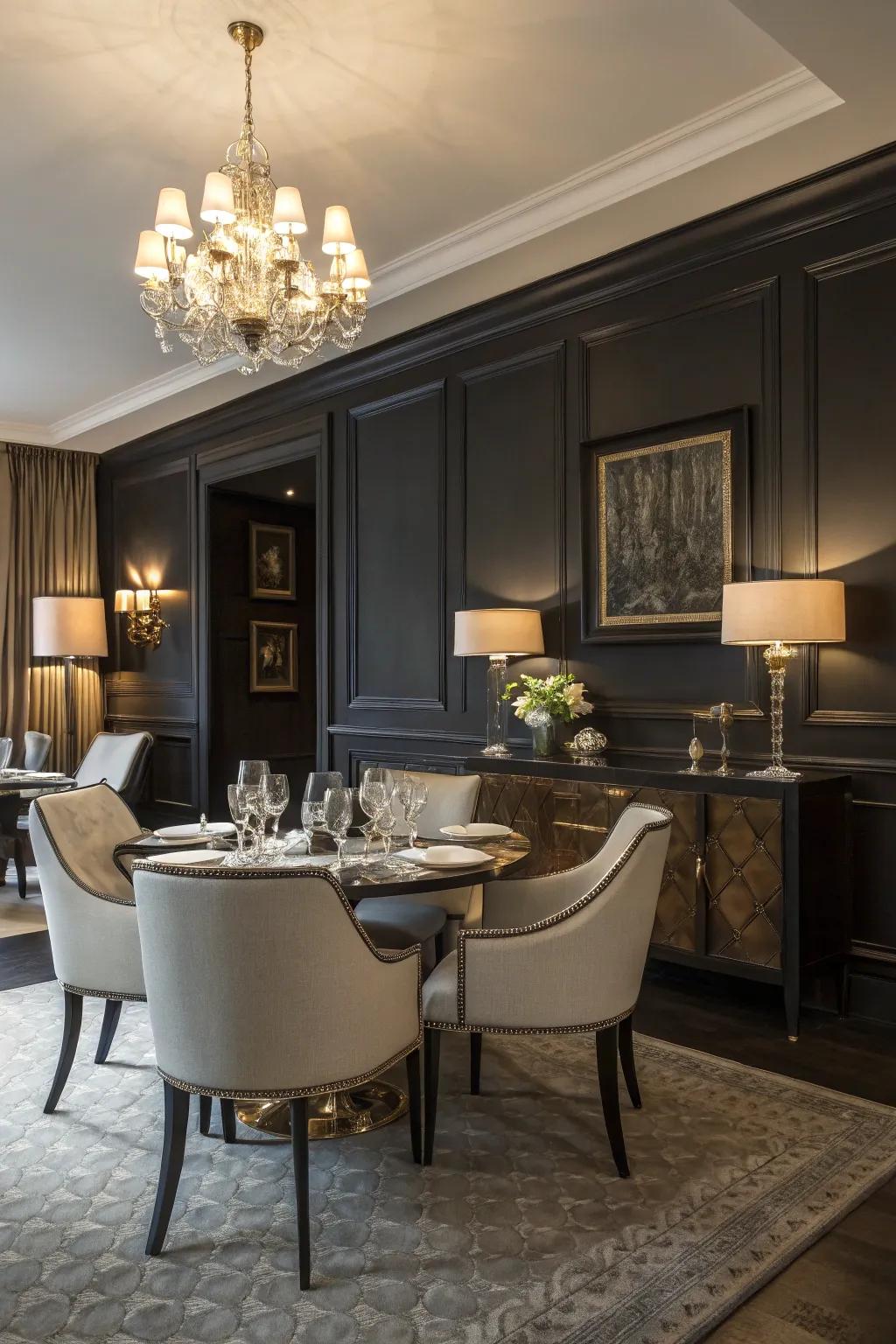 A dining area with a dark accent wall exuding drama.