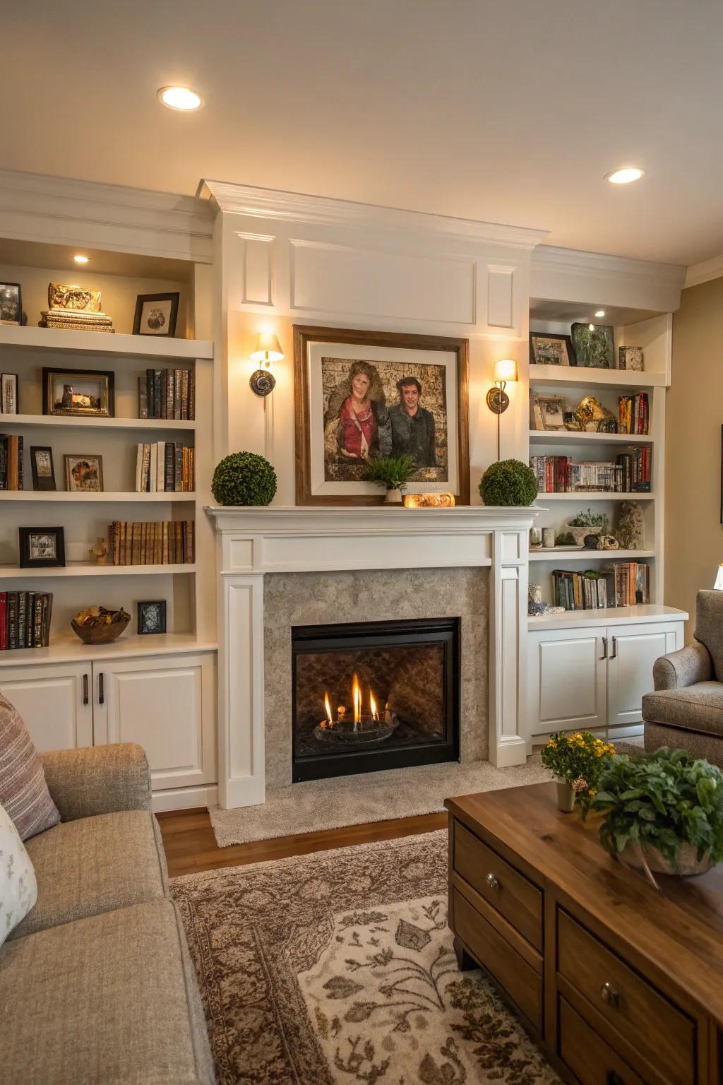 Shelving units encircle the fireplace, providing both display space and stylish framing.