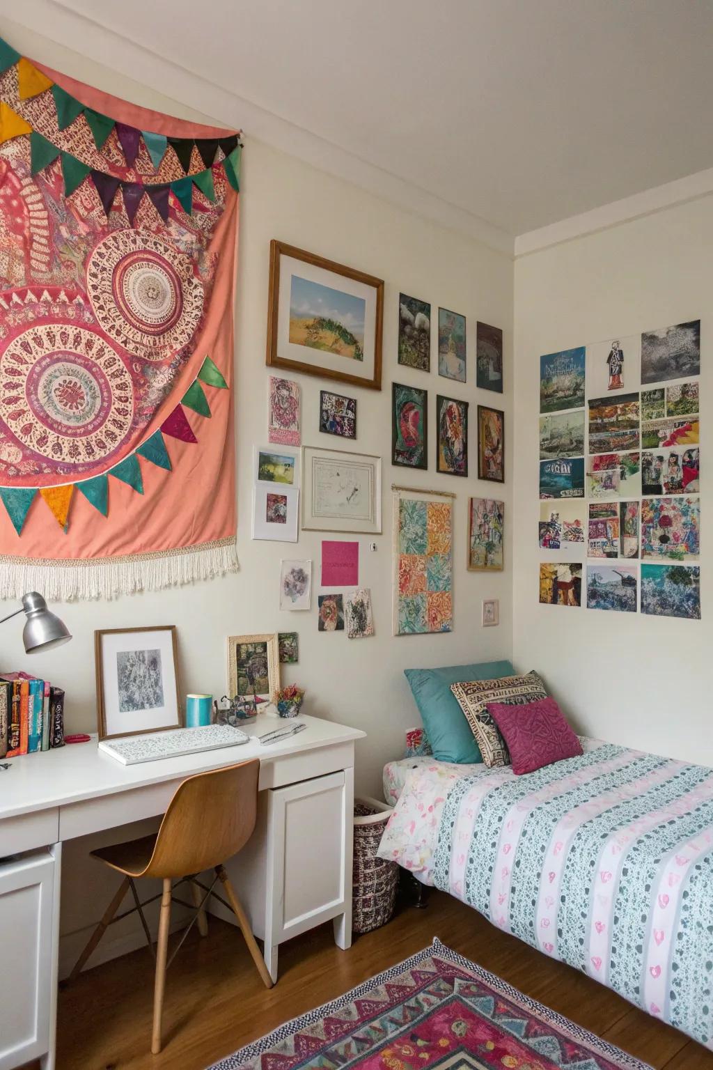 An individualistic gallery wall injects a room with character.