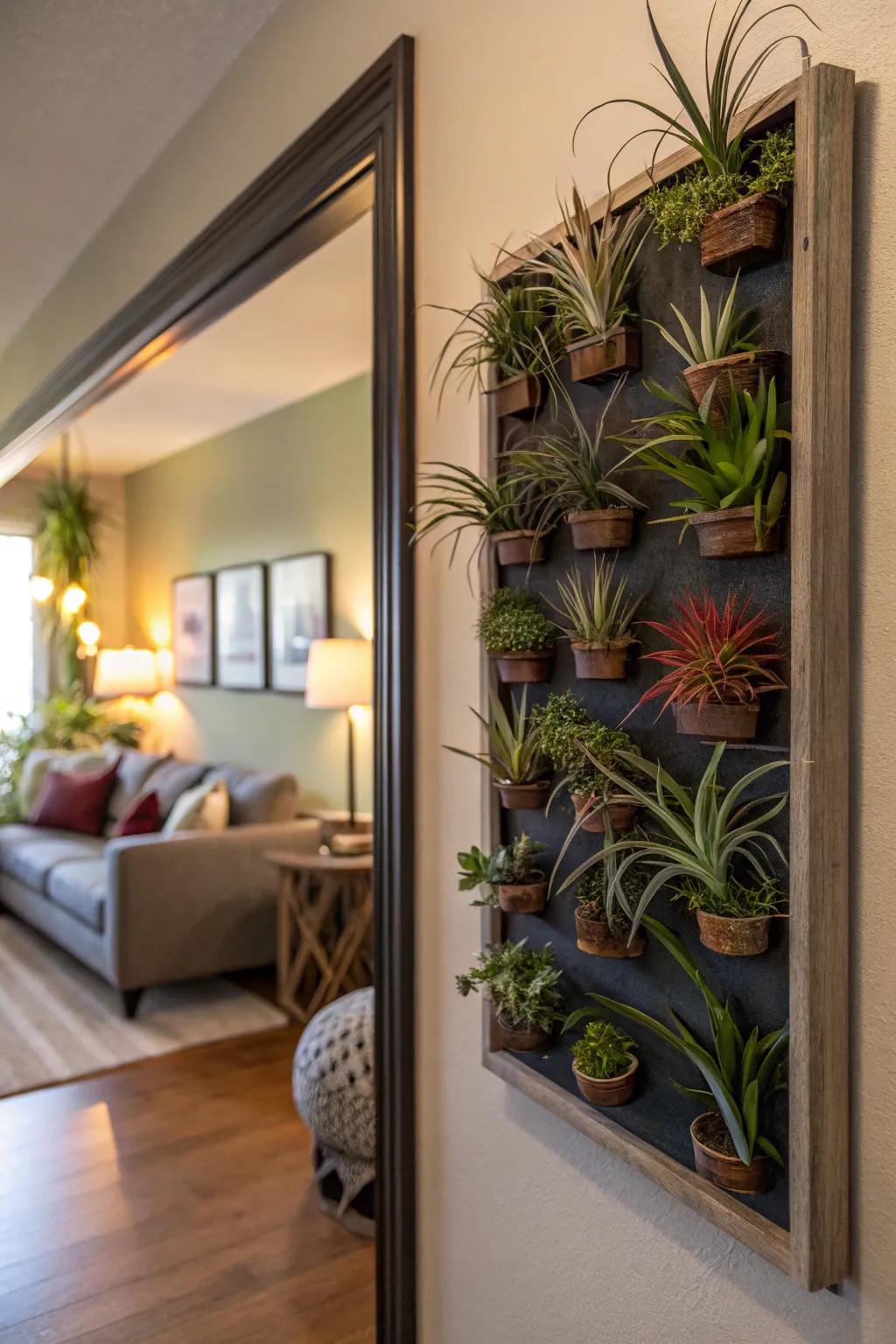 An arrangement of air plants turns a wall into a living piece of art.
