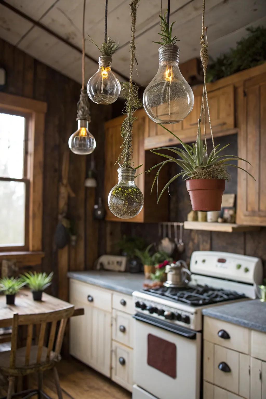 Air plants showcased in repurposed light bulb planters.
