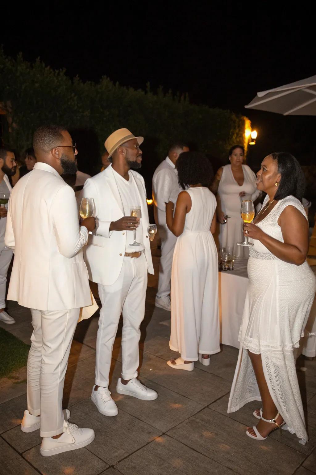 Attendees outfitted in all-white clothing fashion a sophisticated and unified visual.