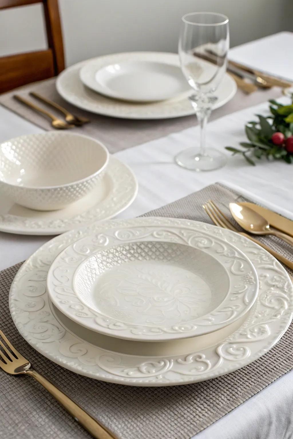 Elegant white serving ware highlights the dining experience.