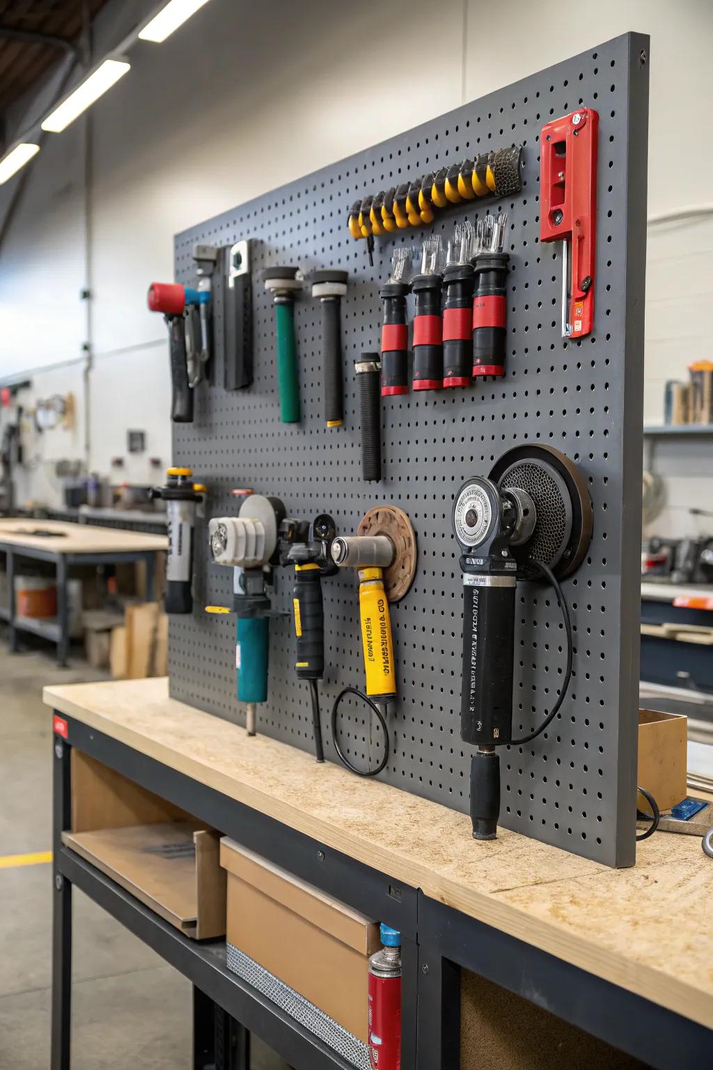 Pegboard storing with custom hooks for flexible angle grinder organizing.