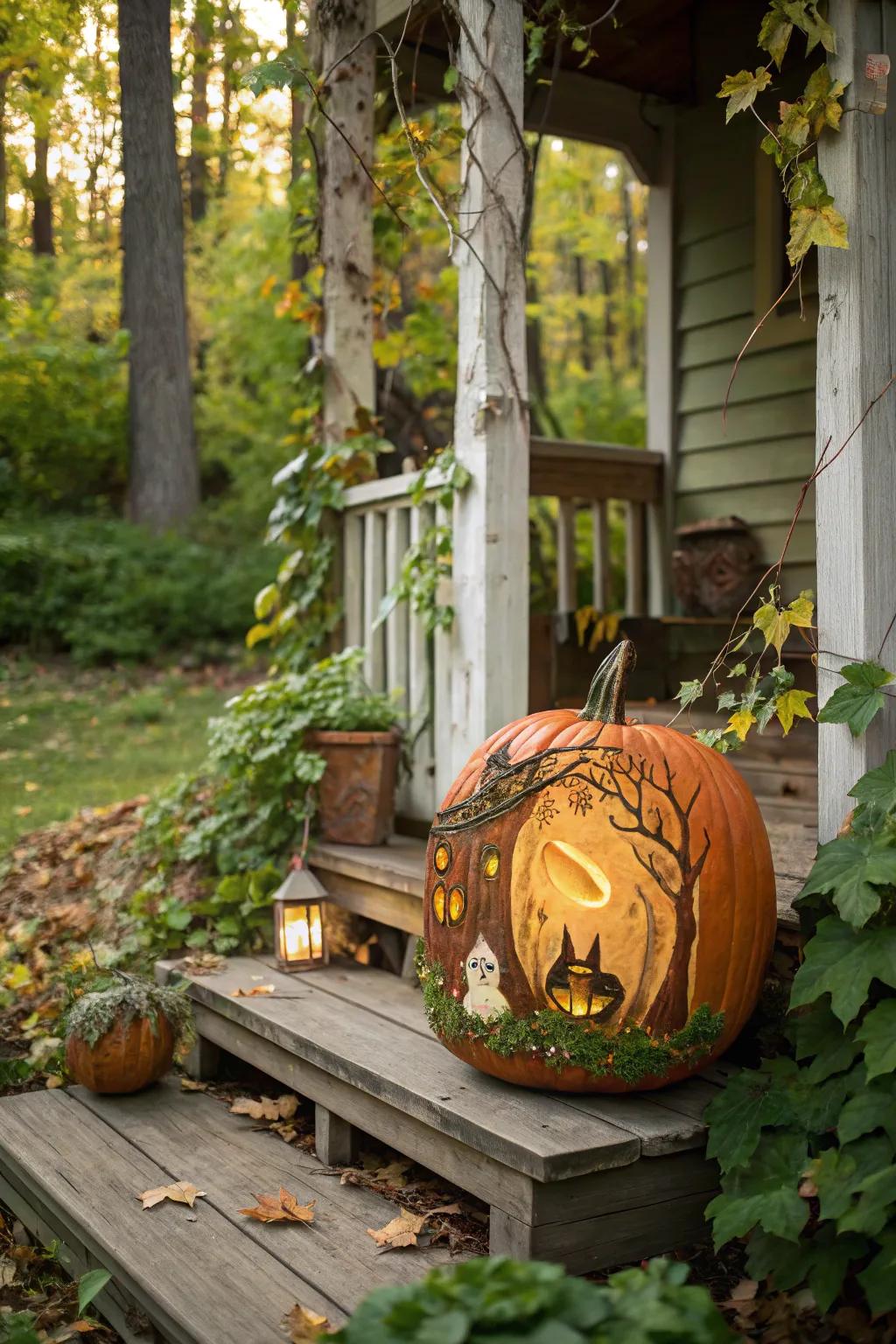 Capture the enchantment of anime forests with this spellbinding pumpkin presentation.