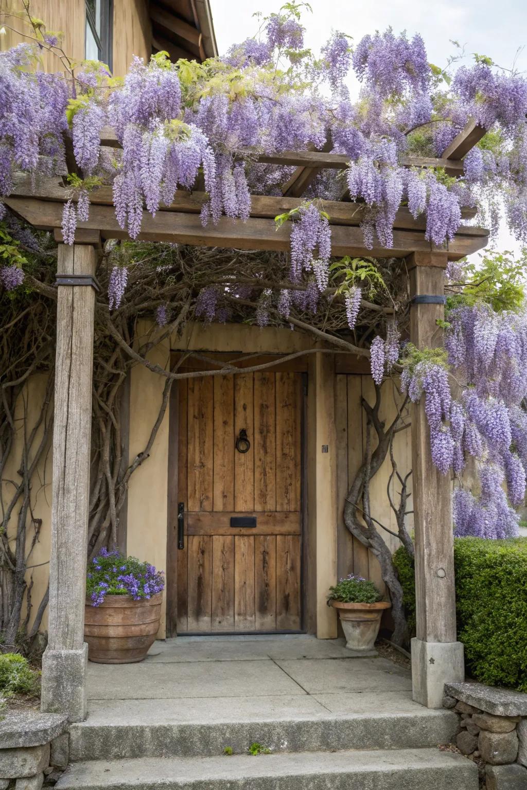 A timber arbor featuring a floral wisteria overhead, crafting a whimsical gateway.