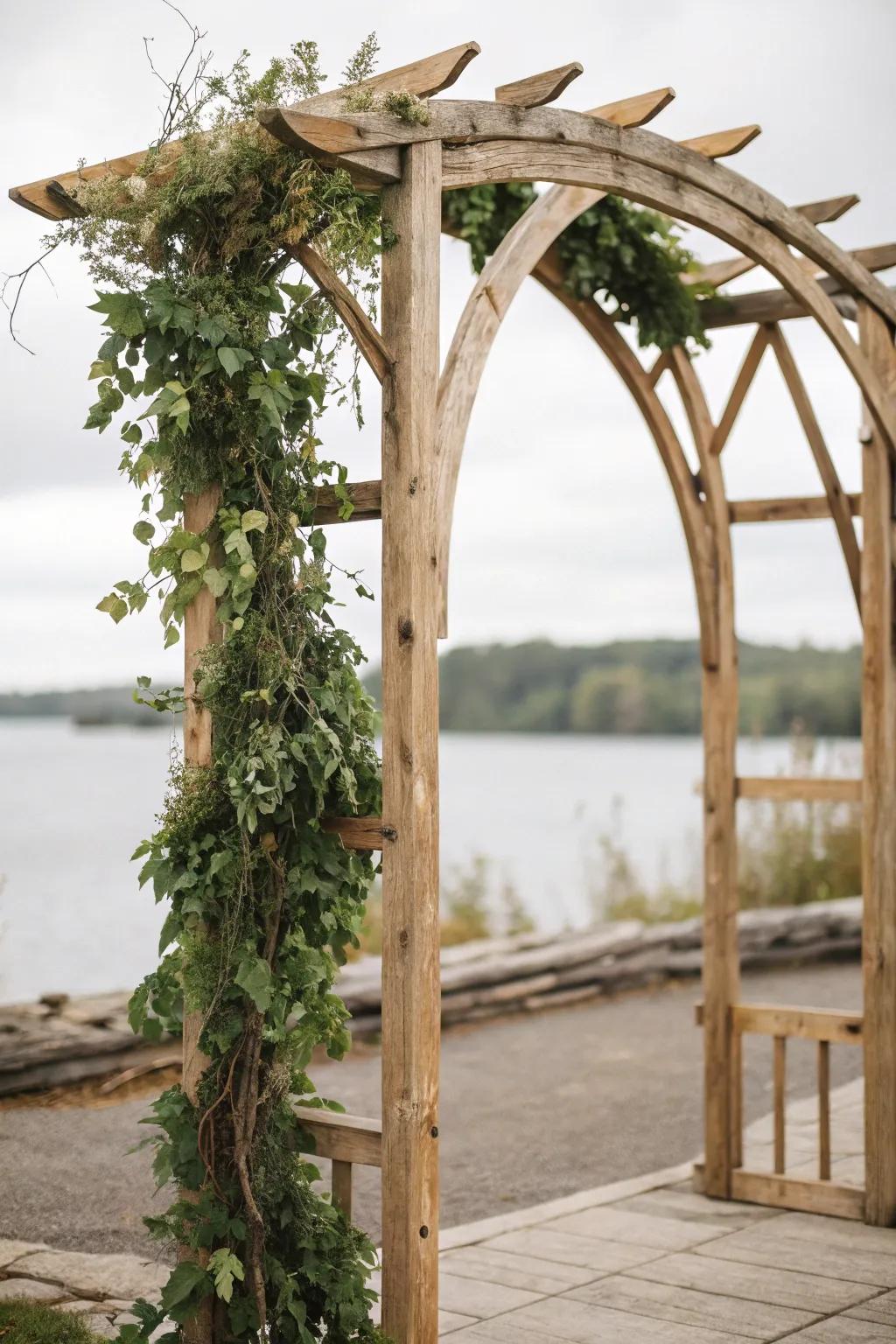 A countryside arch fashioned from inherent wood shafts embellished with verdure.