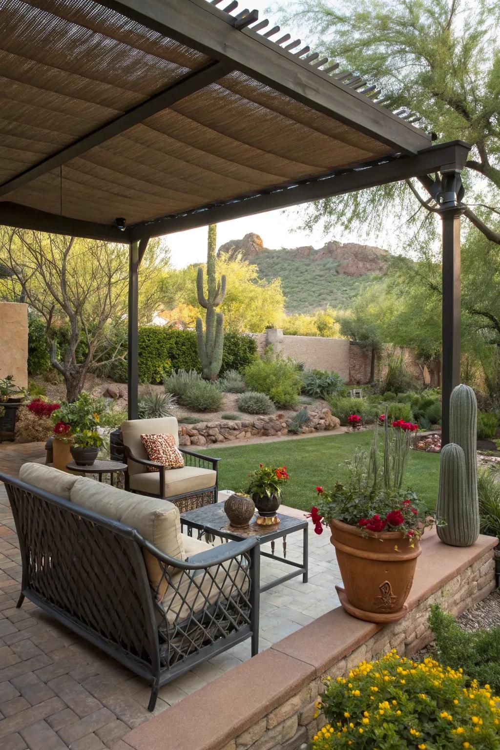 A patio providing a comfortable outdoor living space.