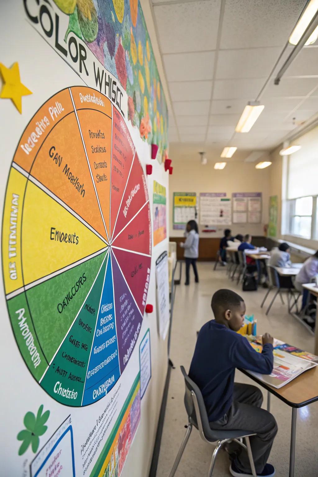 An engaging color wheel display board encouraging student involvement.