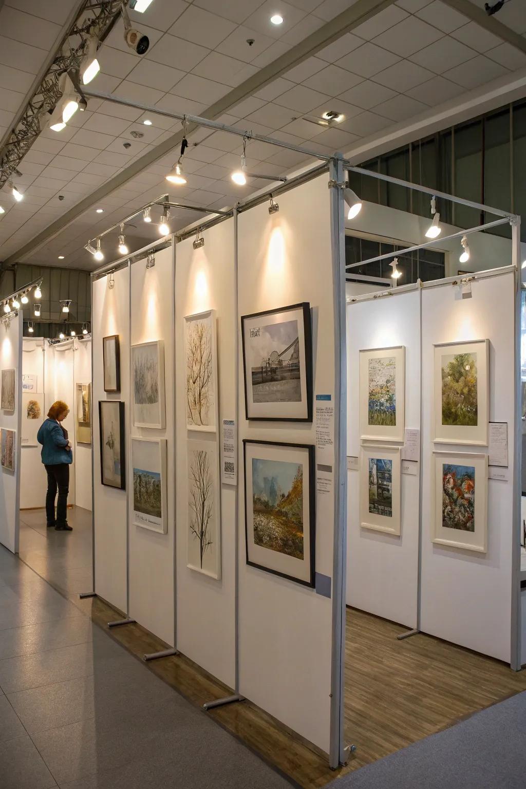 Artworks showcased elegantly on elevated panels.