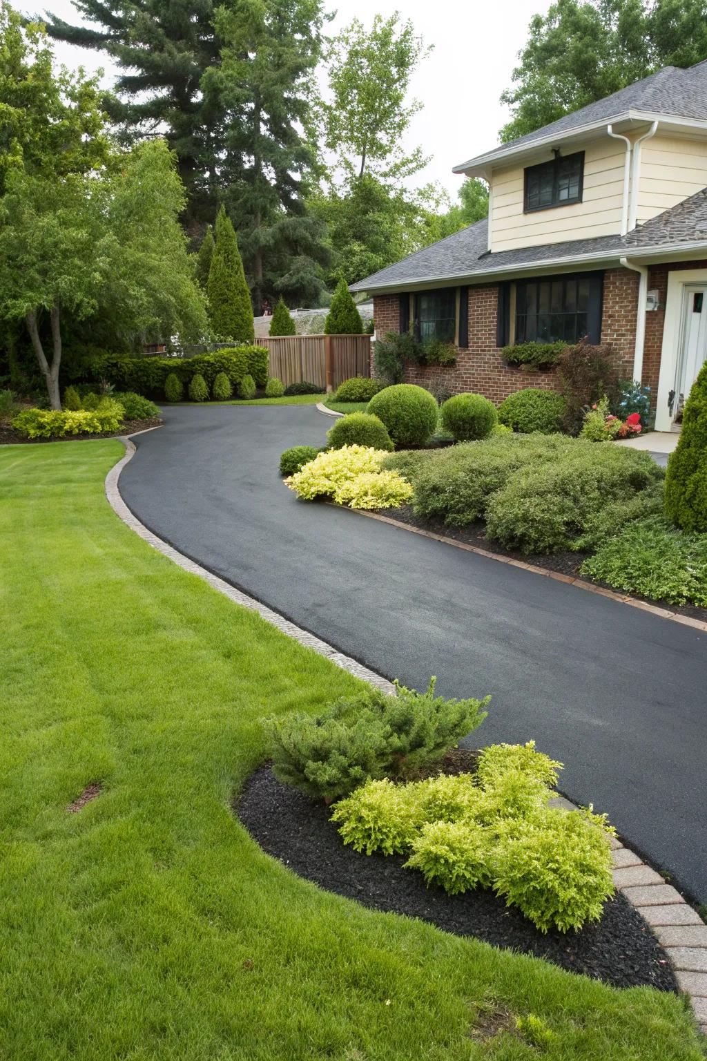 Deep asphalt beautifully complements vibrant green landscapes.