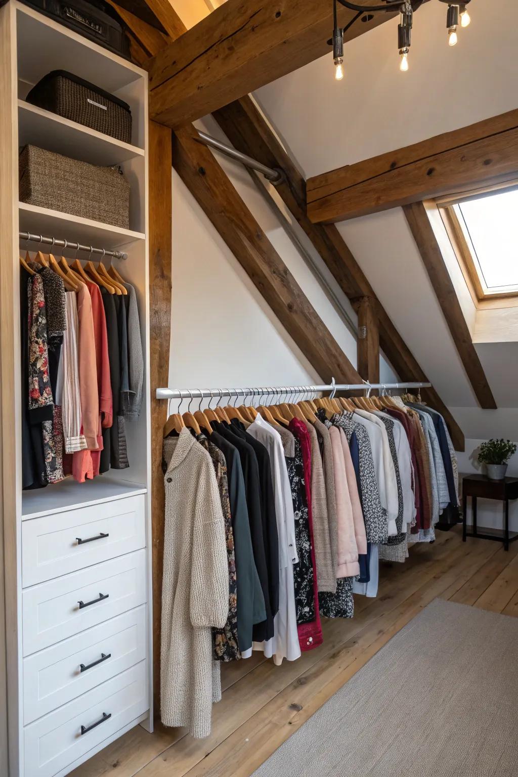 Hanging rails exploit vertical space for efficient clothing display.