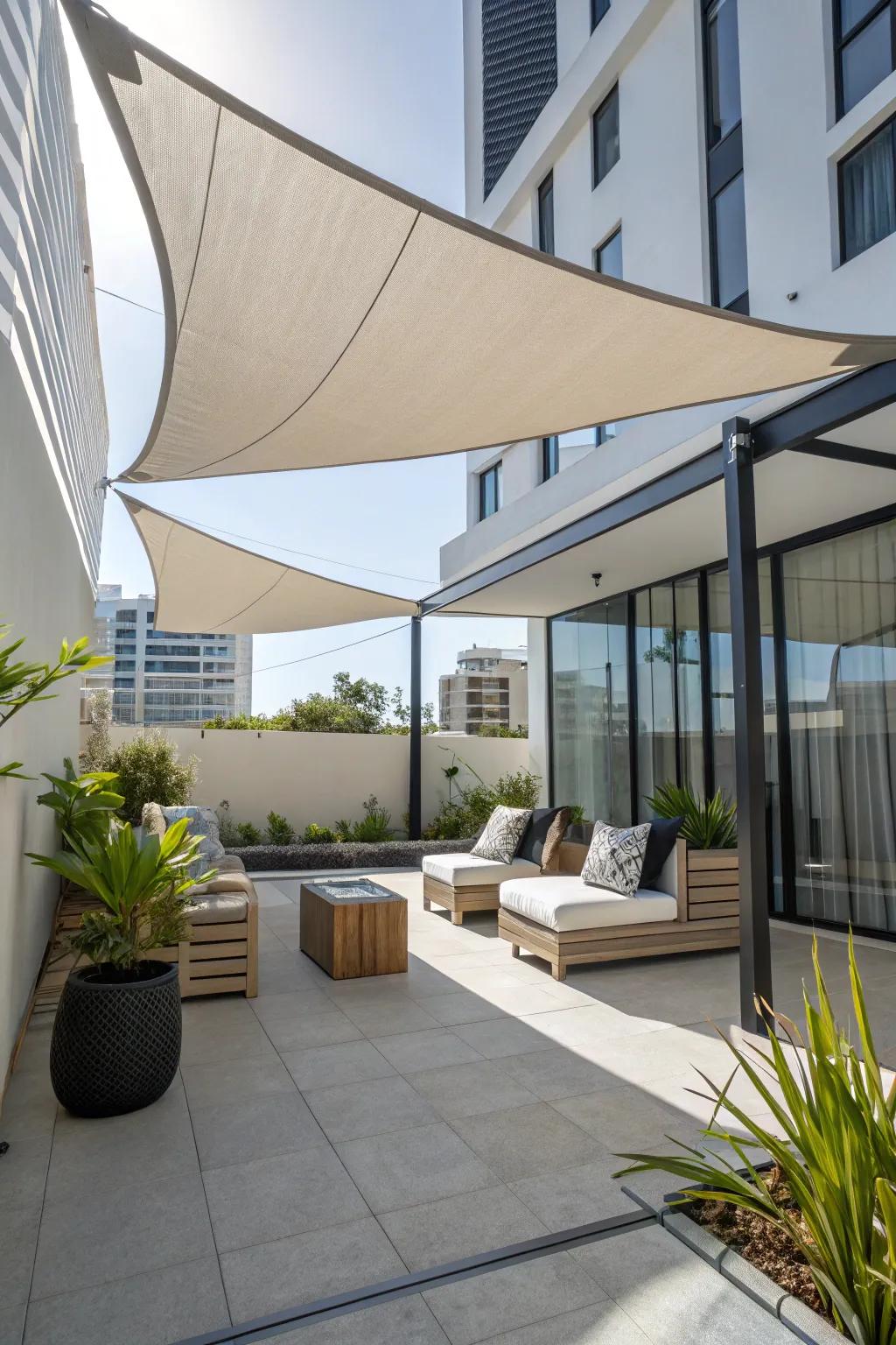 Incorporate a contemporary accent using sleek sailcloth awnings.