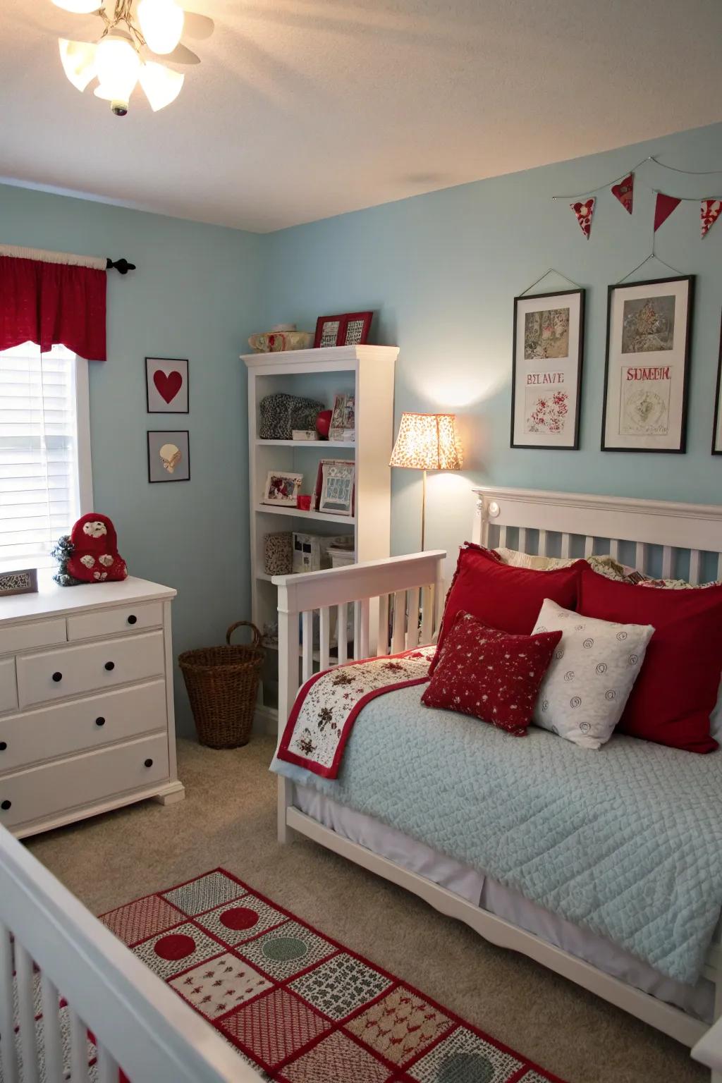 Vibrant crimson highlights bring an energetic vibe to a pale sky bedroom.