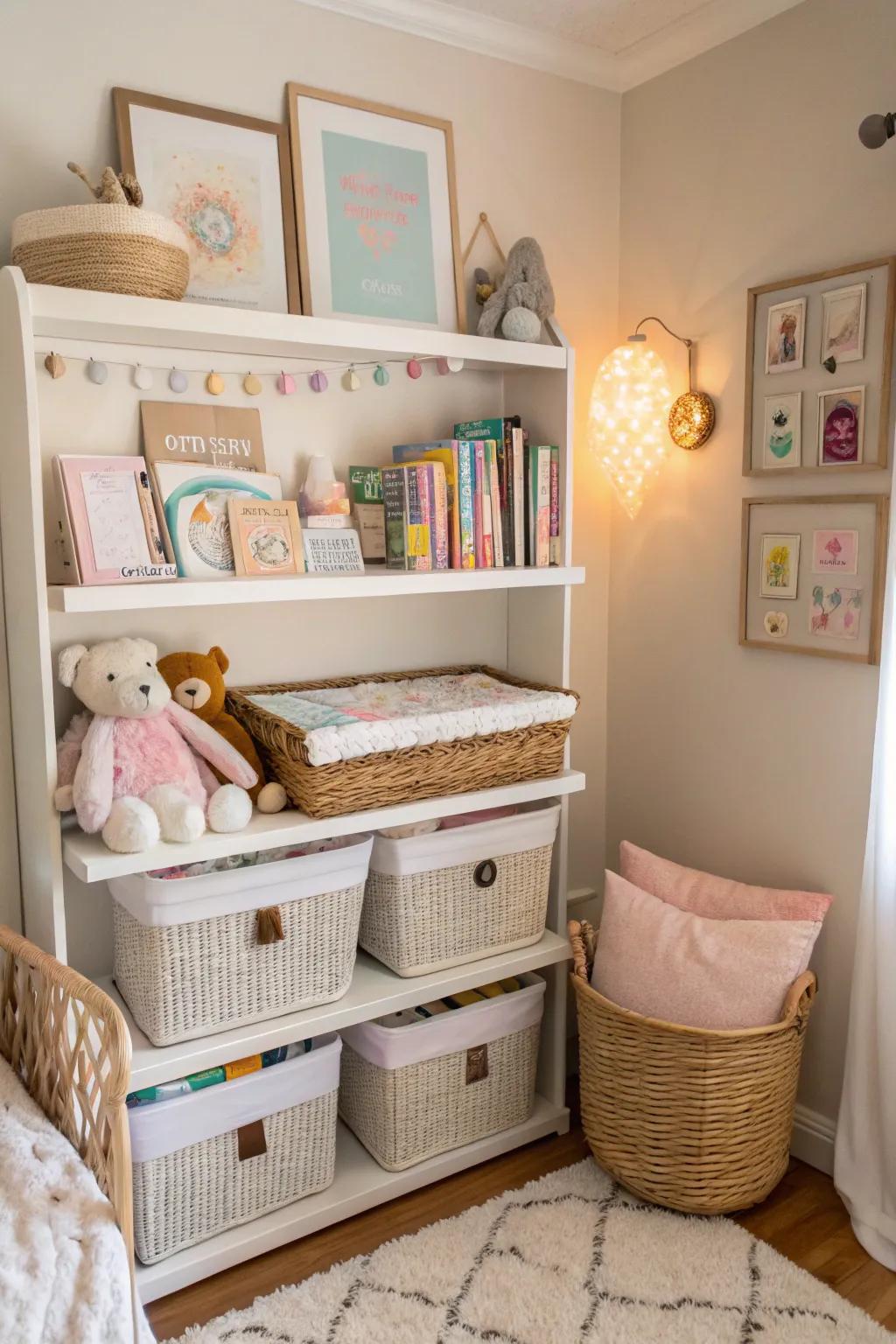 Smart storage ideas maintain a tidy and organized baby area.
