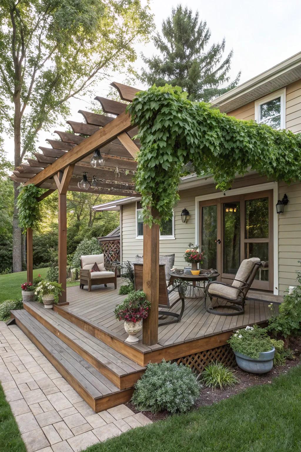Pergolas contribute refinement and ease, ideal for sunlit afternoons.