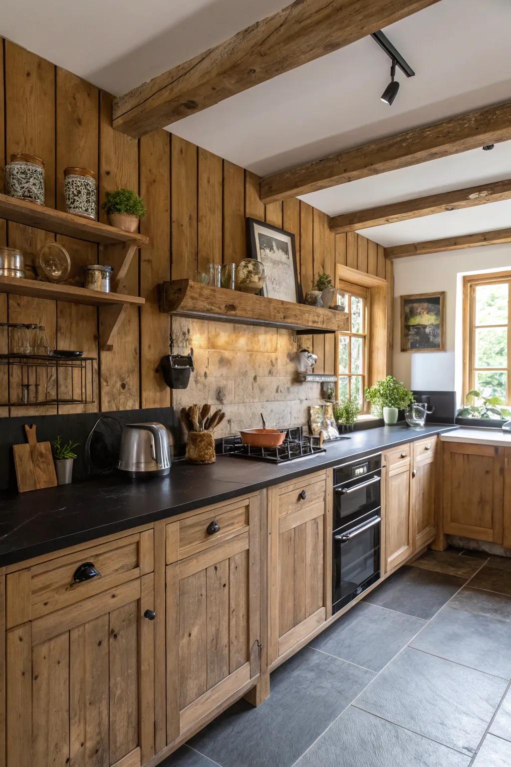 Timber backsplashes introduce coziness and a natural touch to the kitchen.