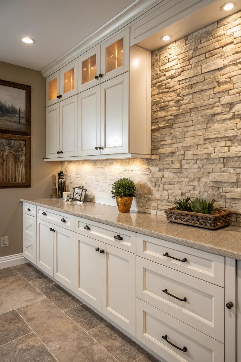 Rough-hewn stone tiles enhance the kitchen with dimension and warmth