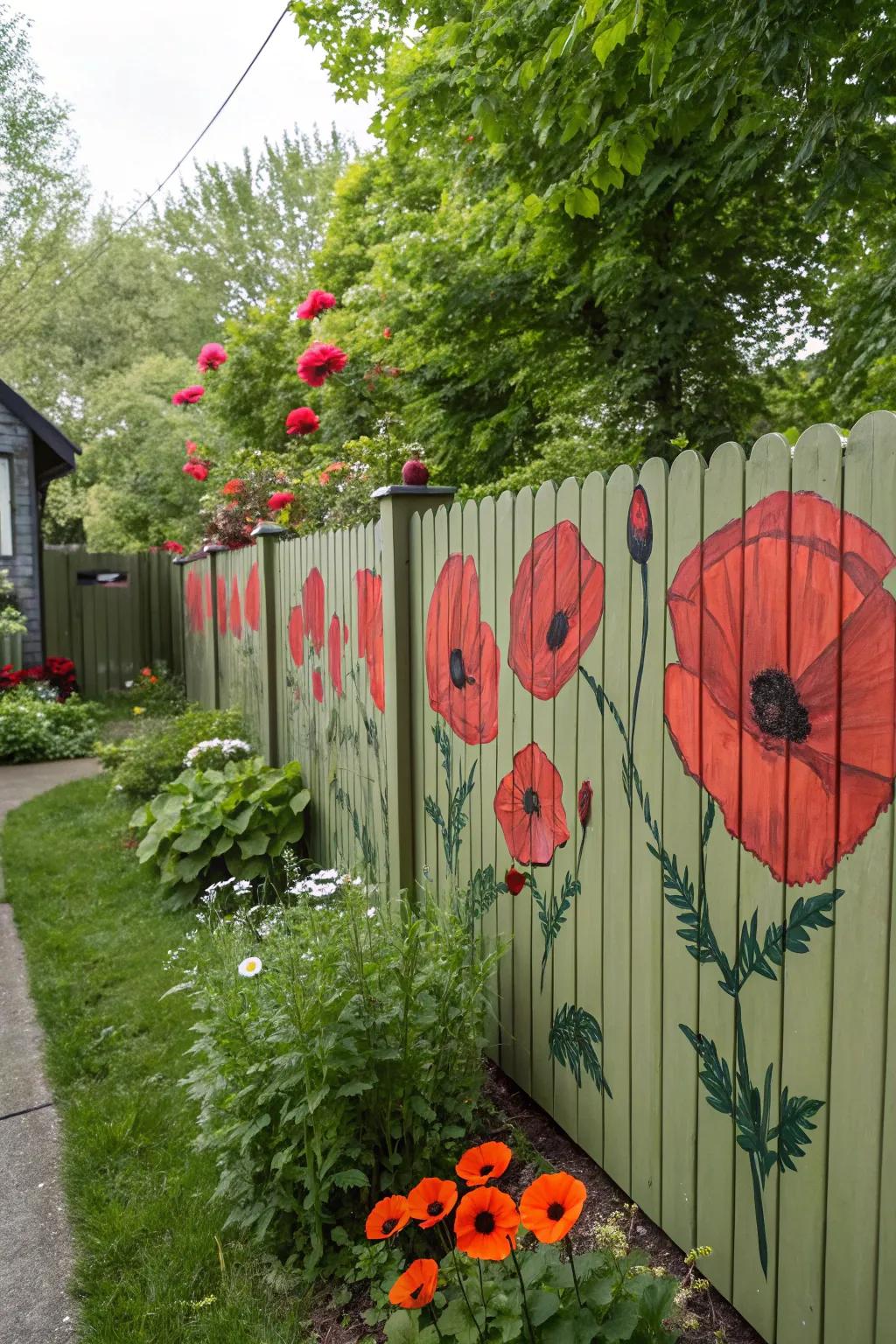 A poppy-painted fence adds a bold and artistic flair to any garden.