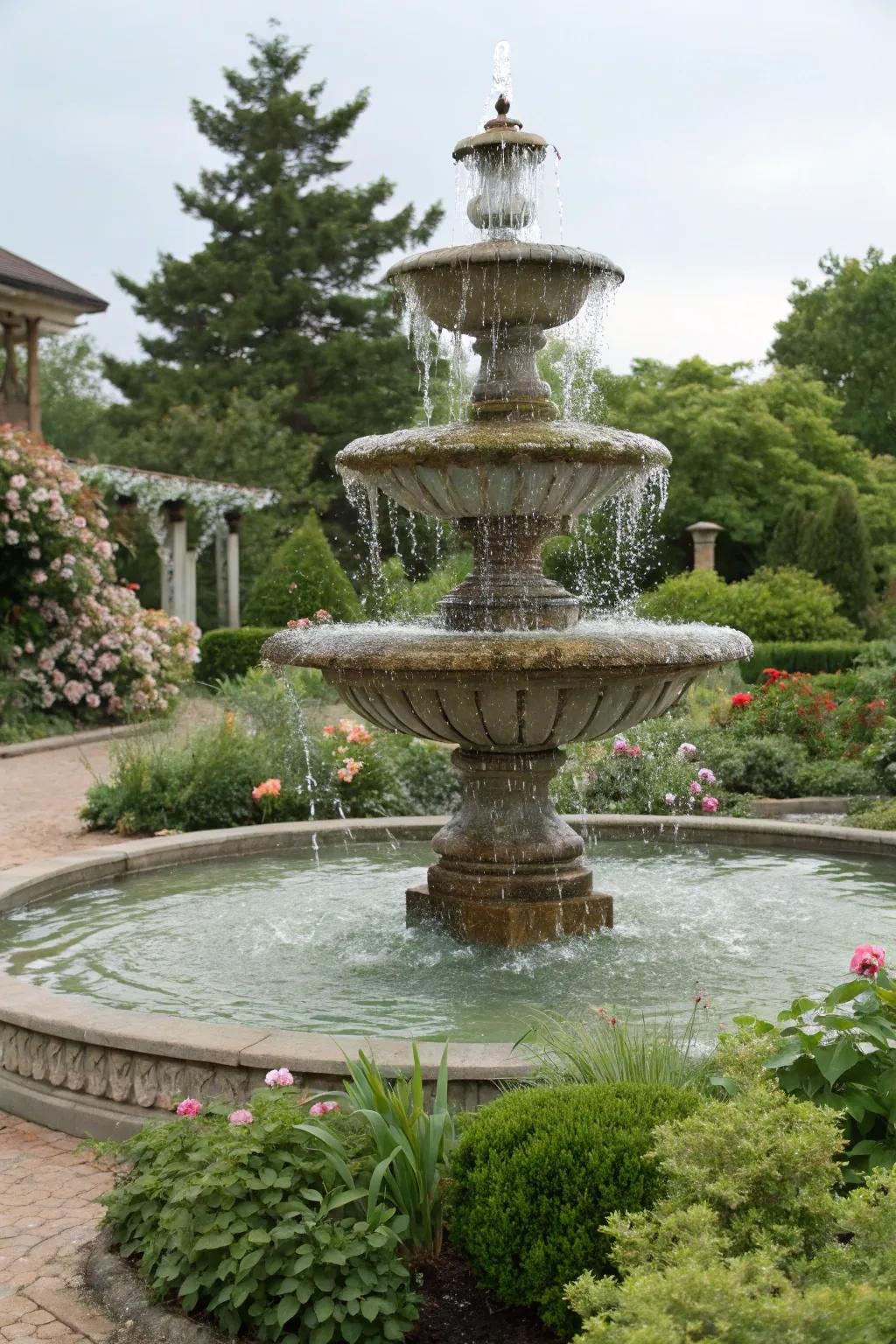 A timeless multi-tiered cascade enhances any outdoor setting with grandeur and allure.