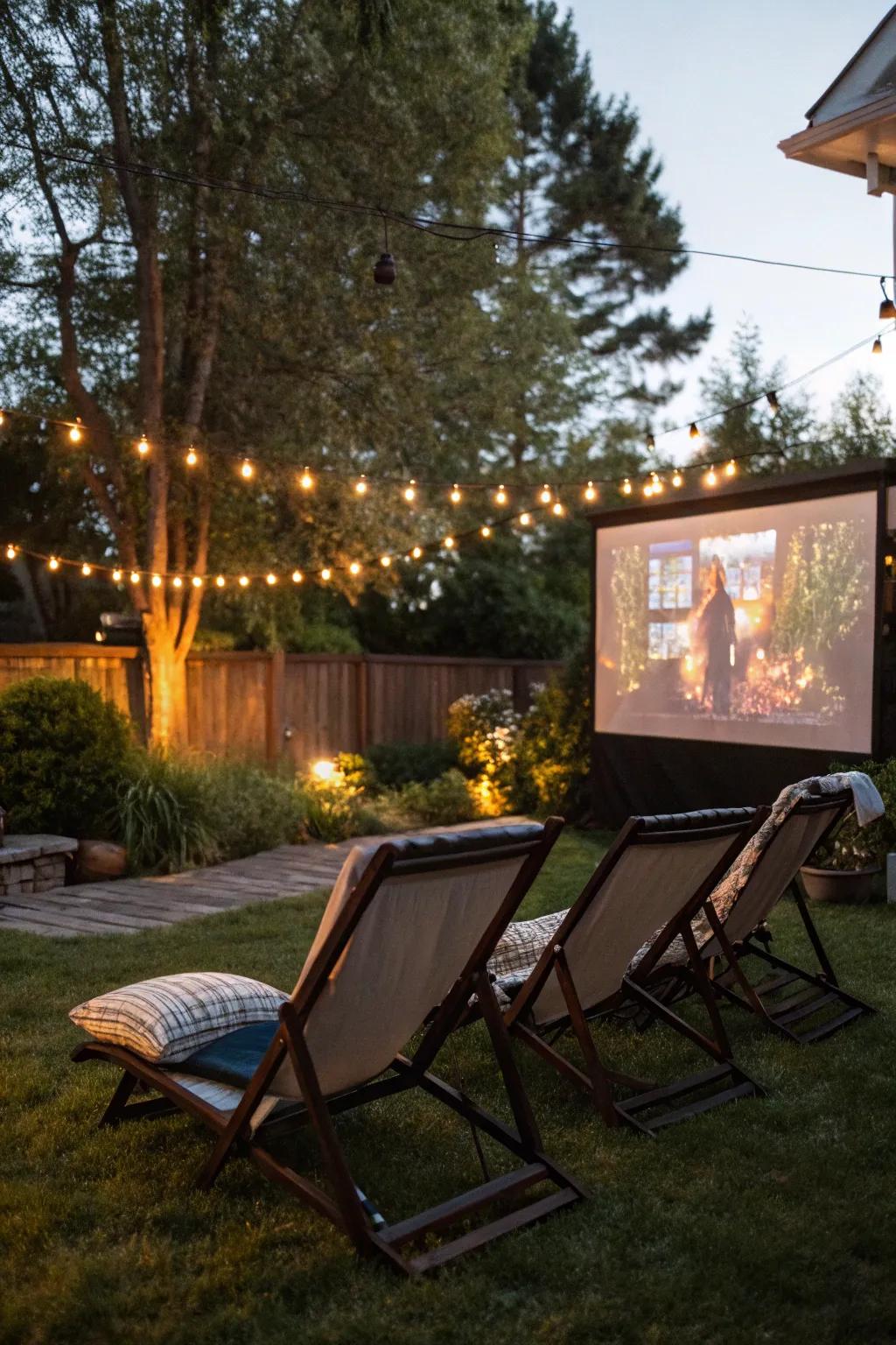 Reclining garden chairs provide comfort combined with sophistication for your movie night.