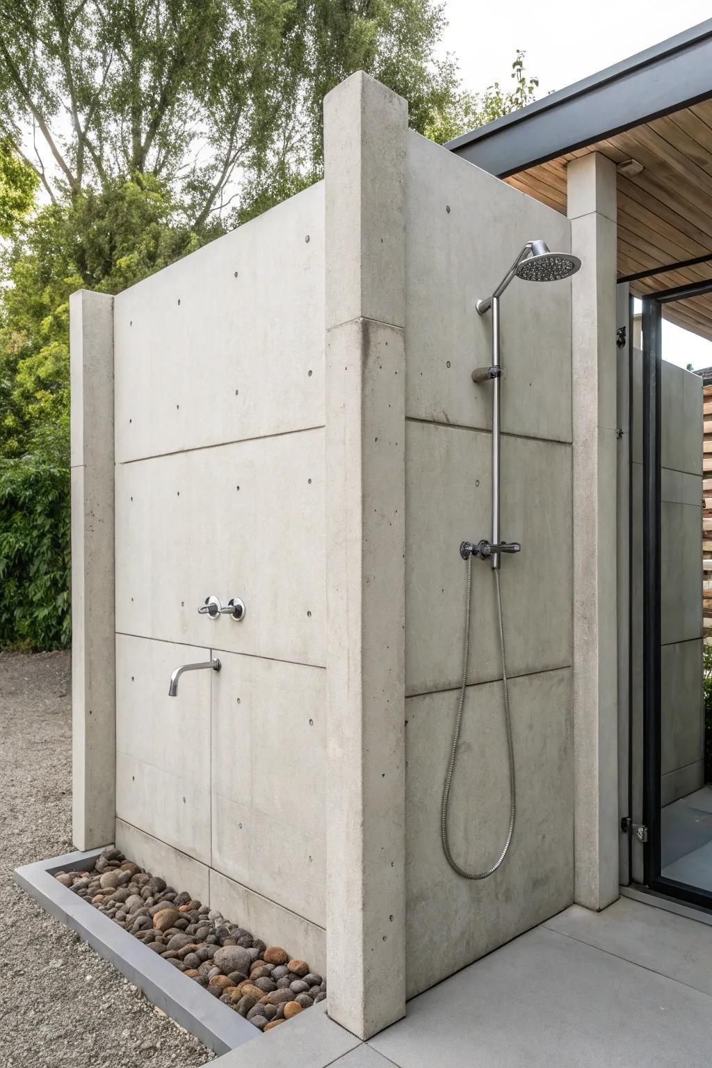A sleek and simple outdoor rinsing station with cement panels.
