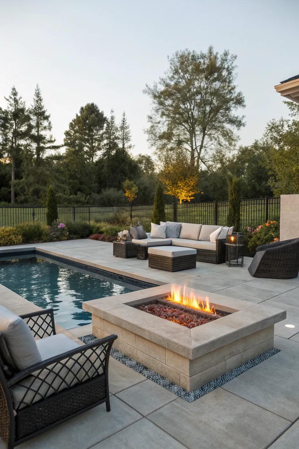 Heat up your nights with a stylish poolside fire pit.