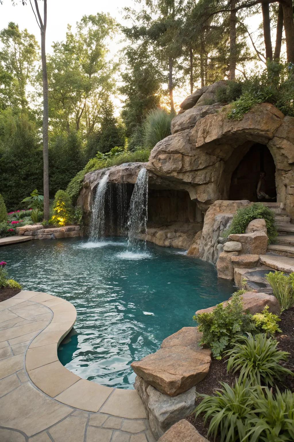A grotto waterfall introduces playful exploration to your pool area.