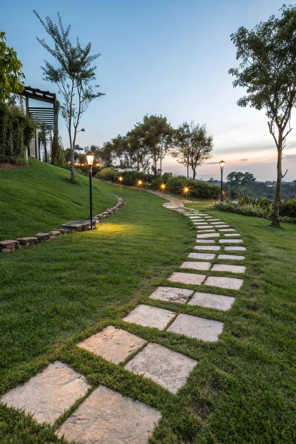 Symmetrical layouts deliver modern elegance to garden trails.