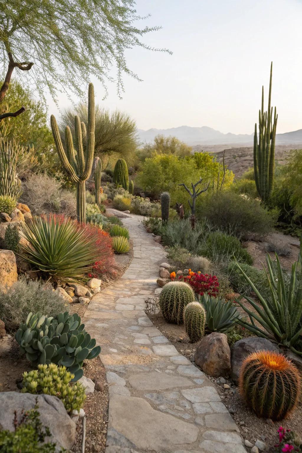 A backyard trail featuring a variety of succulents and desert plants.