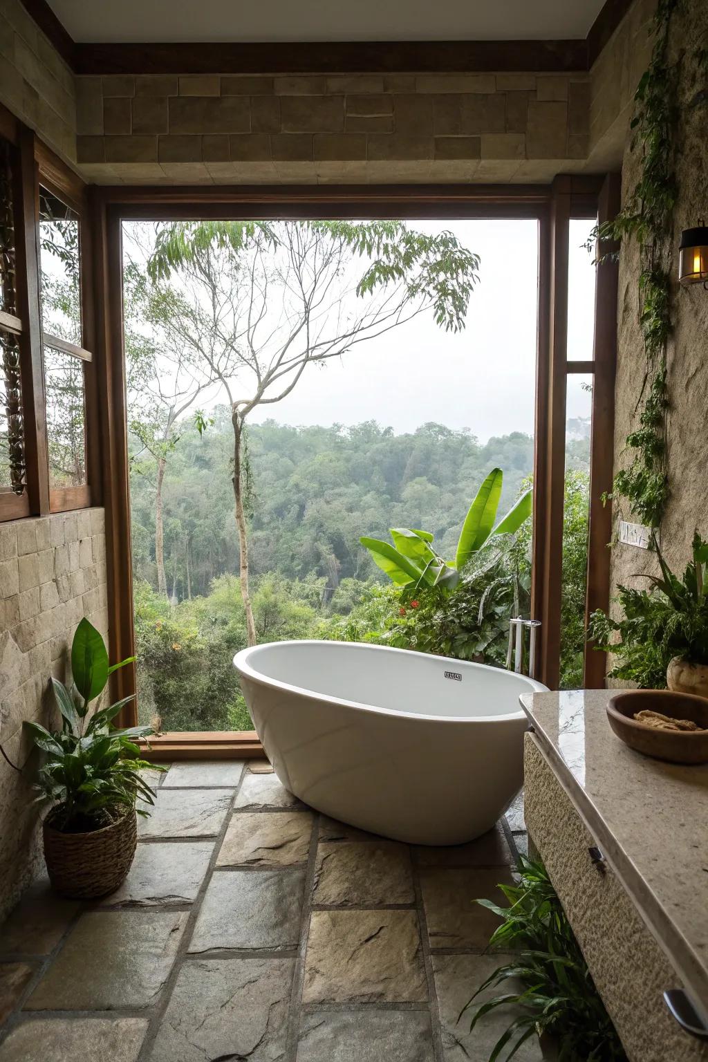 A standalone tub positioned to delight in outdoor panoramas.