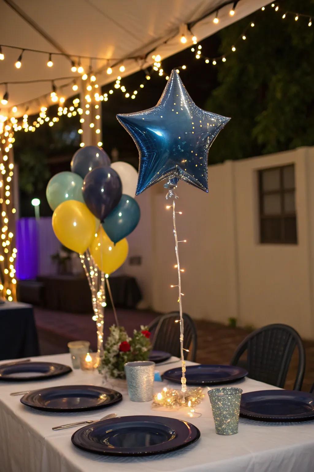 A celestial night-themed balloon centerpiece commands attention.