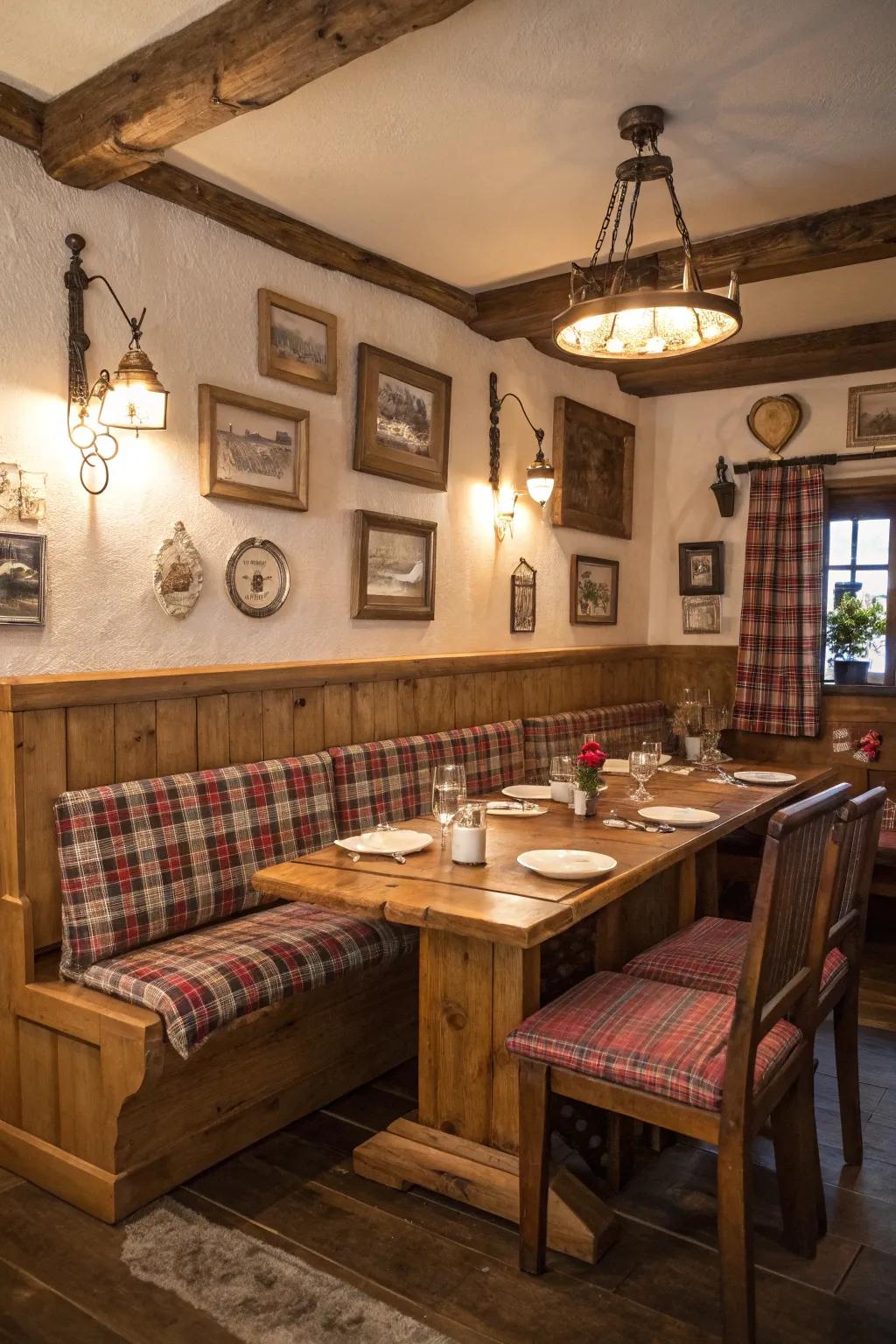 A rustic dining room highlights wooden banquette seating, setting a cozy mood.