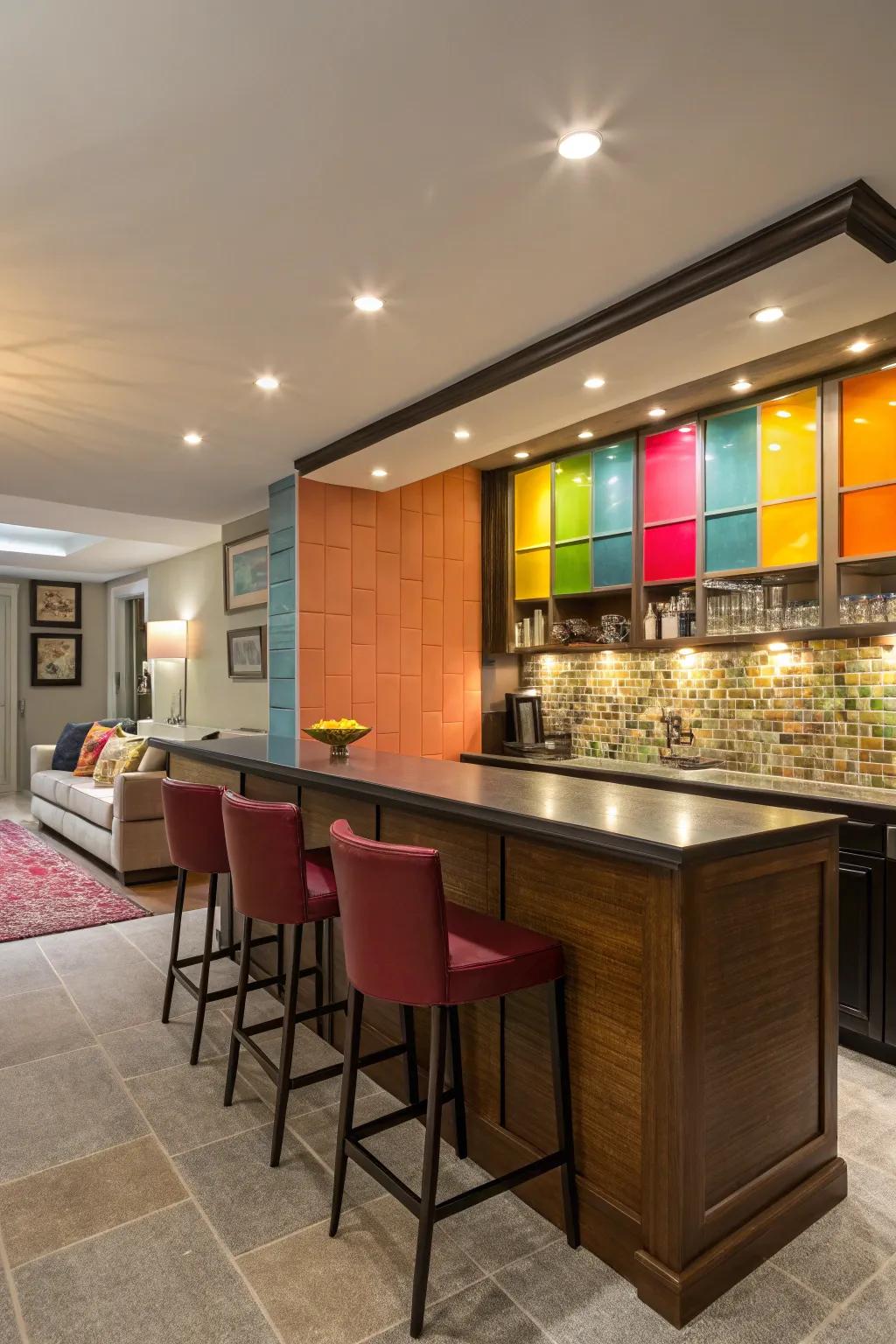 A home bar highlighting a striking color block backsplash in lively shades.
