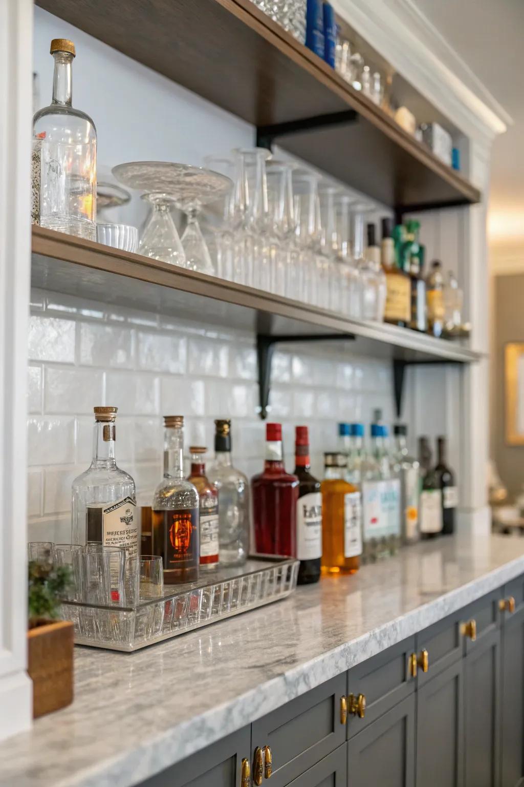 Open shelves stylishly display your glasses and spirits.