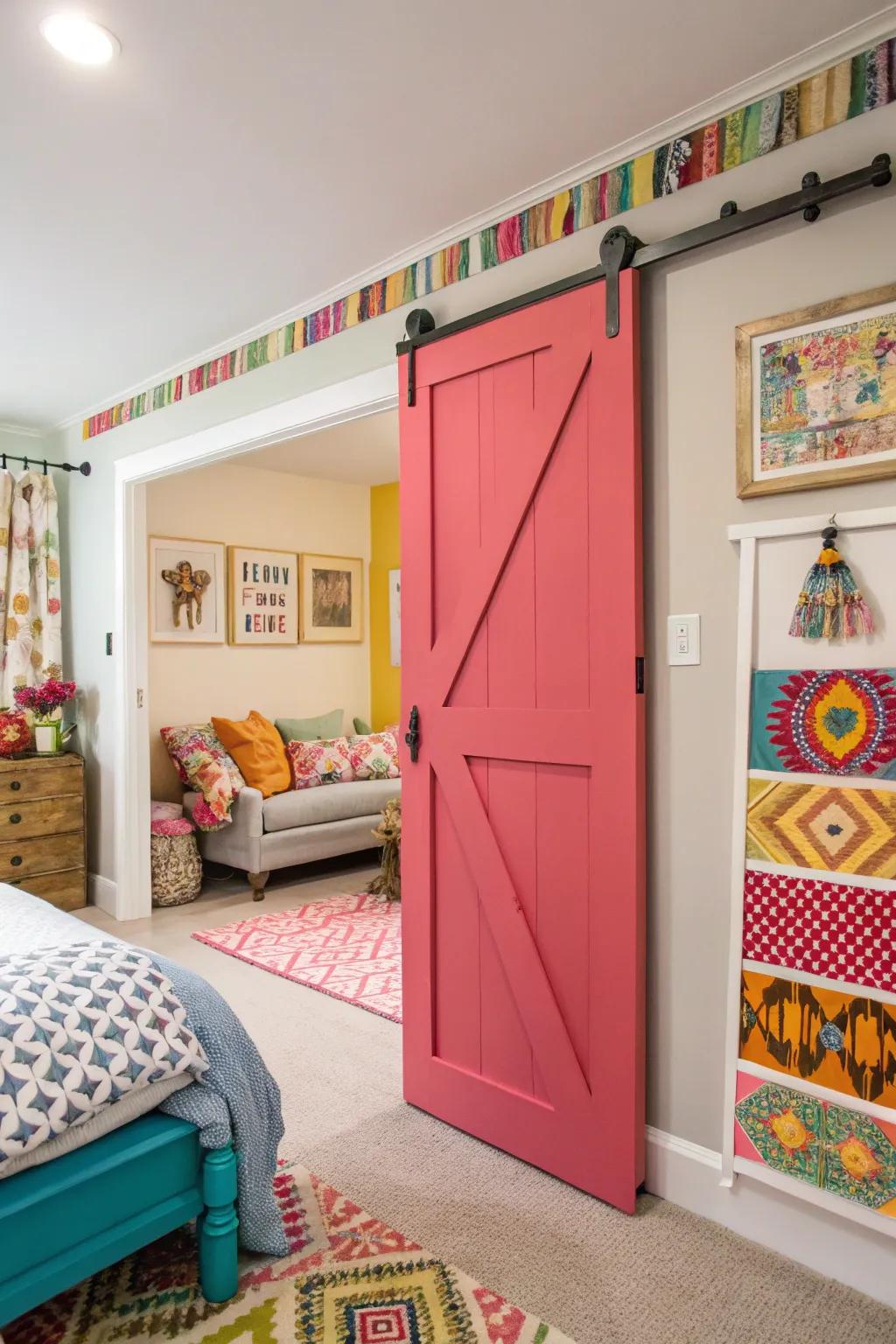 A striking gate introduces a burst of color to this diverse bedroom.