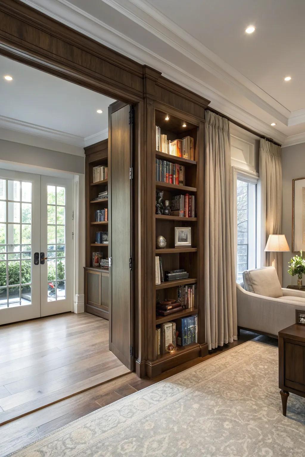 A hidden door nestled in a bookshelf offers a creative, space-efficient entrance to the basement.