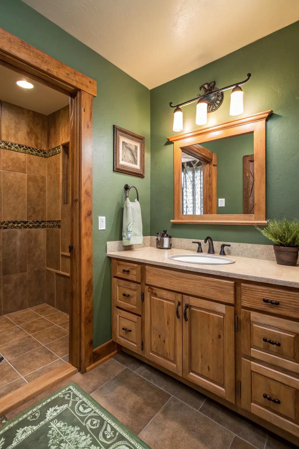 Original greens and browns fashion a soothing, naturally inspired restroom.