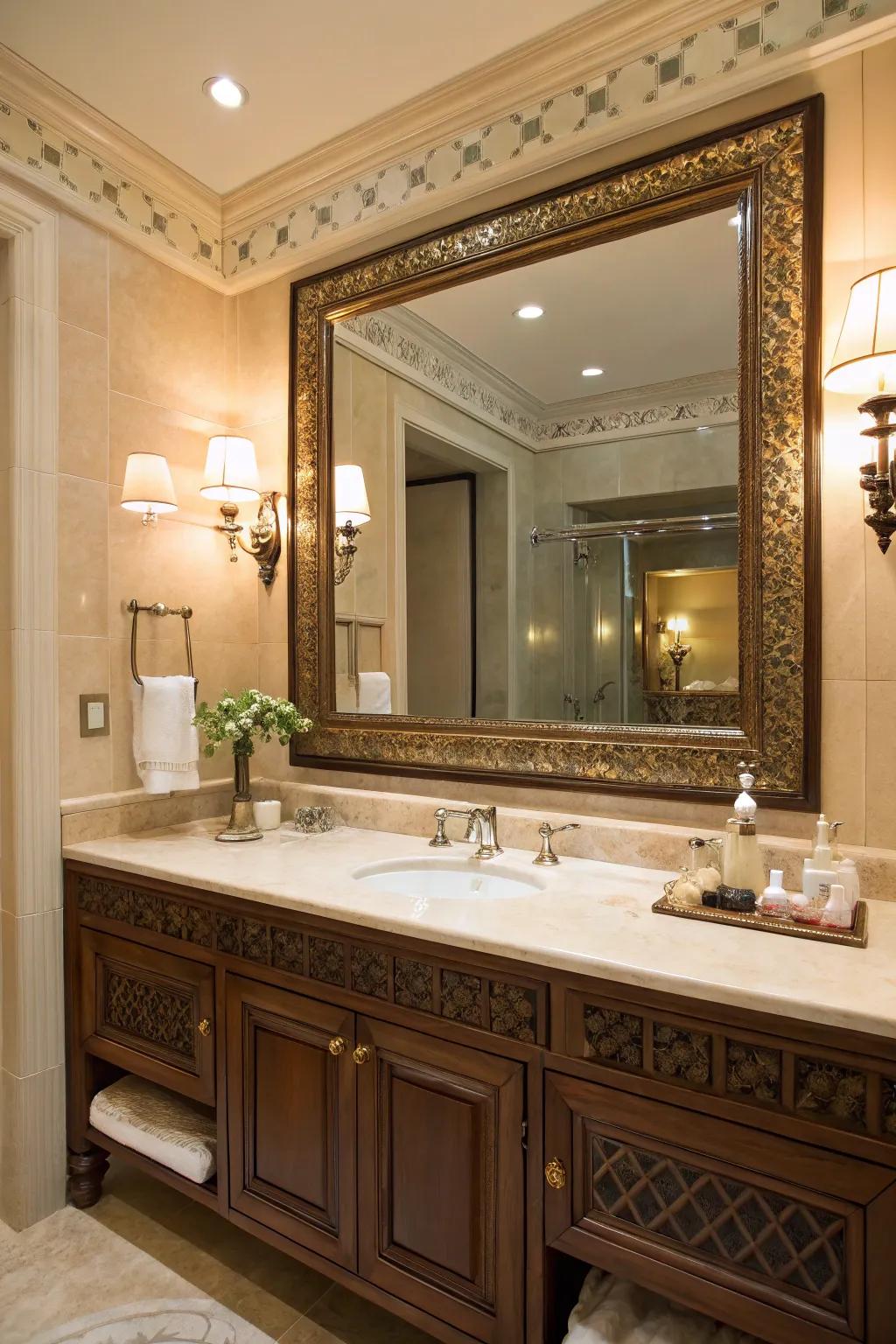 A striking mirror can add depth and sophistication to any bathroom setting.
